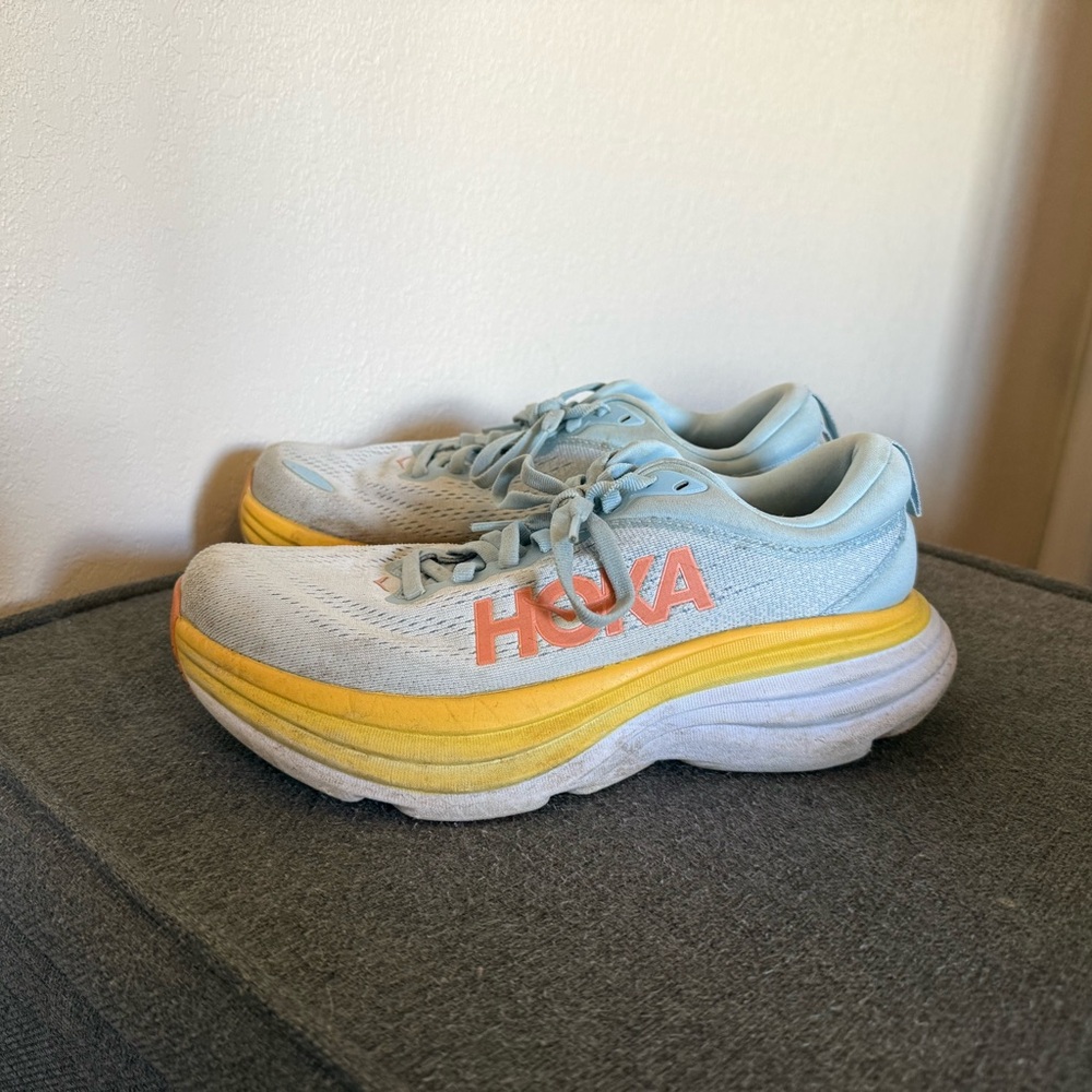 Hoka Light Blue and Yellow Athletic Shoes